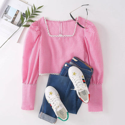 Square neck palace style bubble long-sleeved crop top