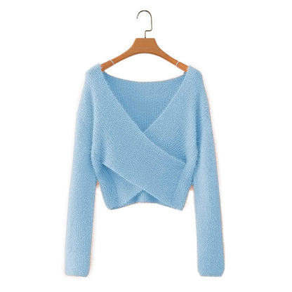 Furry Cross V-Neck Long-Sleeved Crop Top Sweater