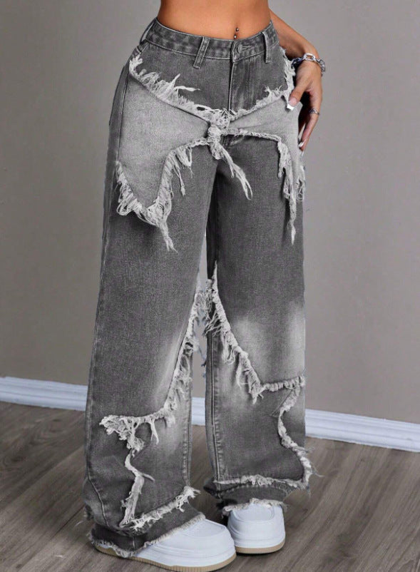 Retro Star Patchwork Heavy Wash Women's Jeans