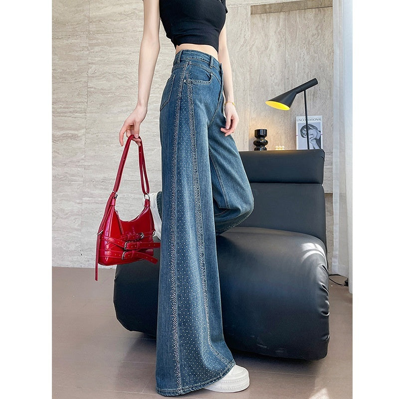 Hot-stone Embellished Wide-leg Flared Denim Jeans For Women Loose Fit In Washed Blue