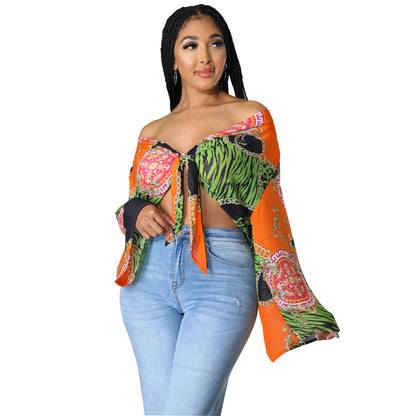 Women's Fashion Print Long Sleeve Flared Sleeve Crop Top