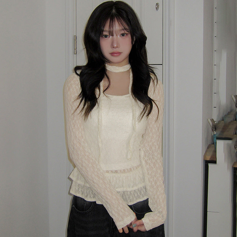 V-neck Lace Flared-sleeve Belted Slim-fit Crop Top