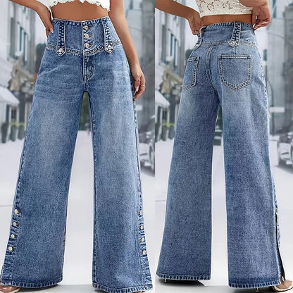 Women's High-Waisted Retro Button Denim Wide-Leg Pants