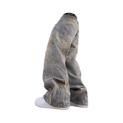 Retro Bat Pattern Lazy Embroidered Loose Jeans