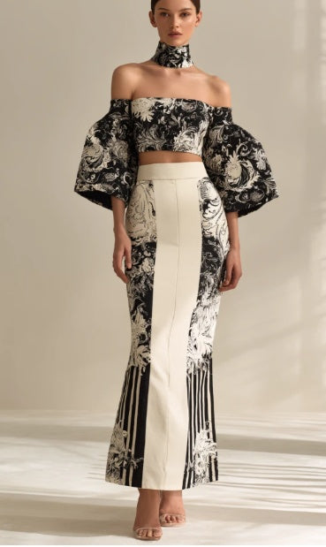 Off-Shoulder Baroque Print Crop Top And Skirt Set