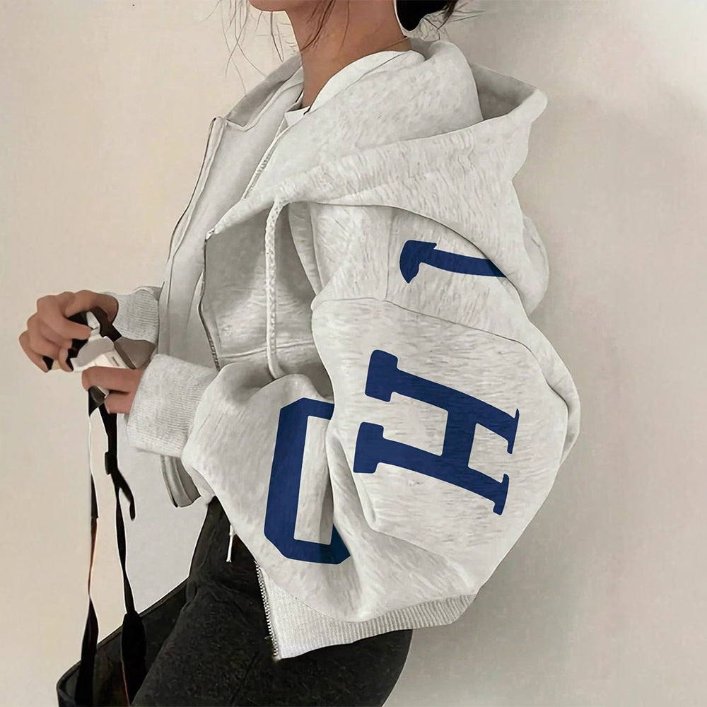 Long-sleeve Zip-up Casual Sweatshirt With A Printed Design