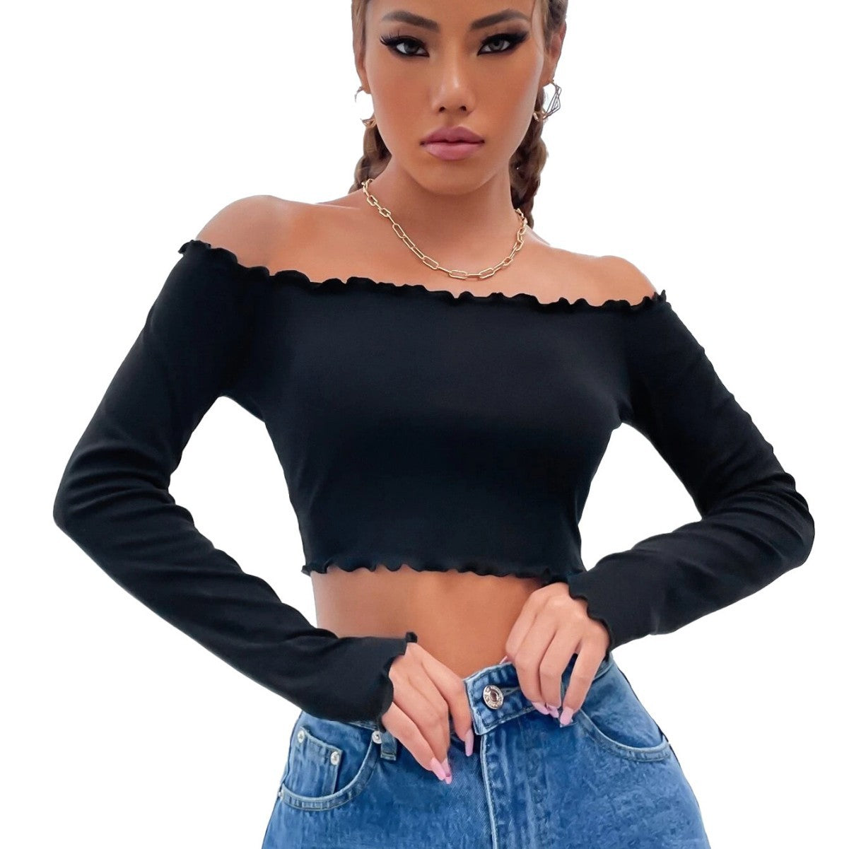 Women's Casual Off-shoulder Knit Long Sleeve Crop Top