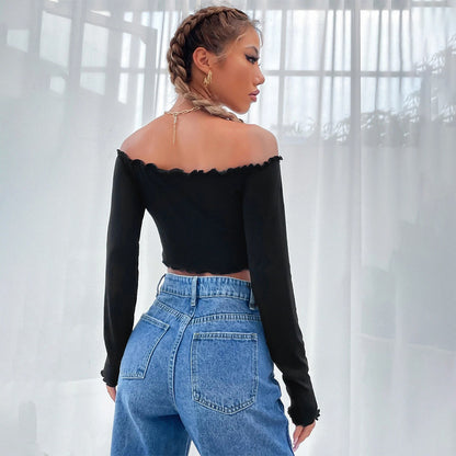 Women's Casual Off-shoulder Knit Long Sleeve Crop Top