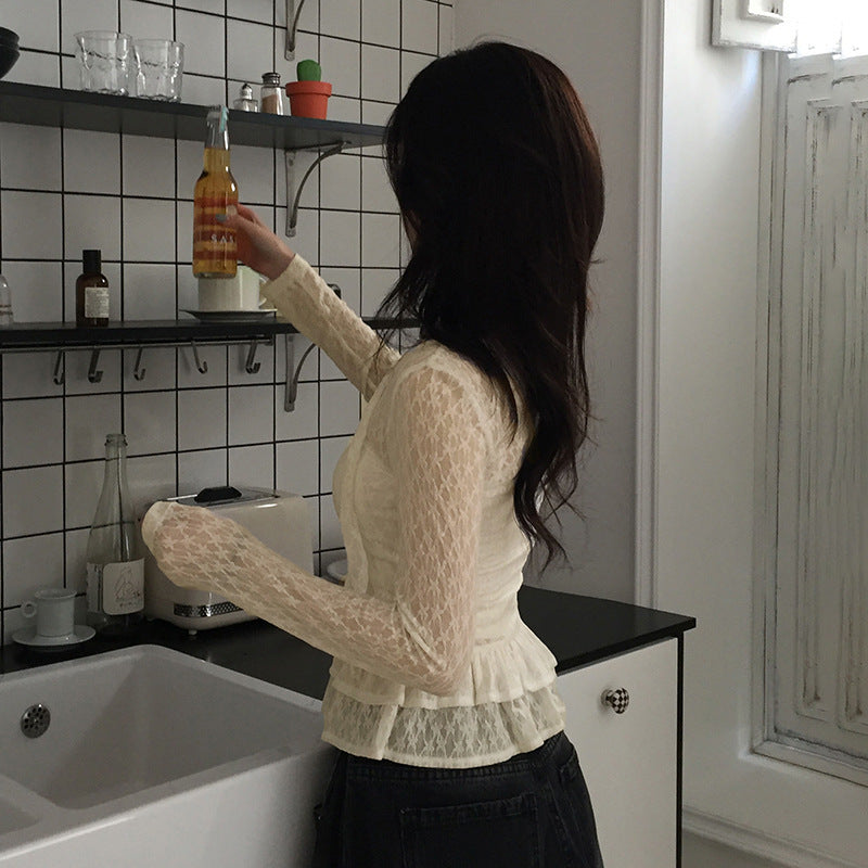 V-neck Lace Flared-sleeve Belted Slim-fit Crop Top