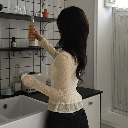 V-neck Lace Flared-sleeve Belted Slim-fit Crop Top