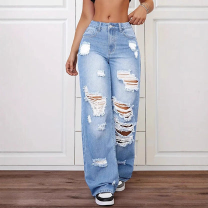 Trendy Washed Ripped Straight Jeans For Women