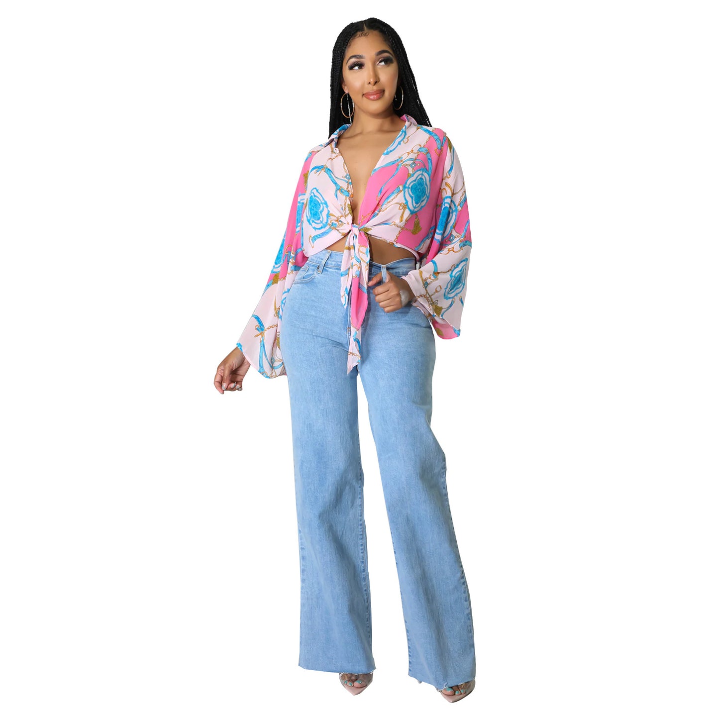 Women's Fashion Print Long Sleeve Flared Sleeve Crop Top