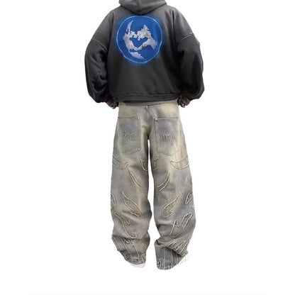 Retro Bat Pattern Lazy Embroidered Loose Jeans