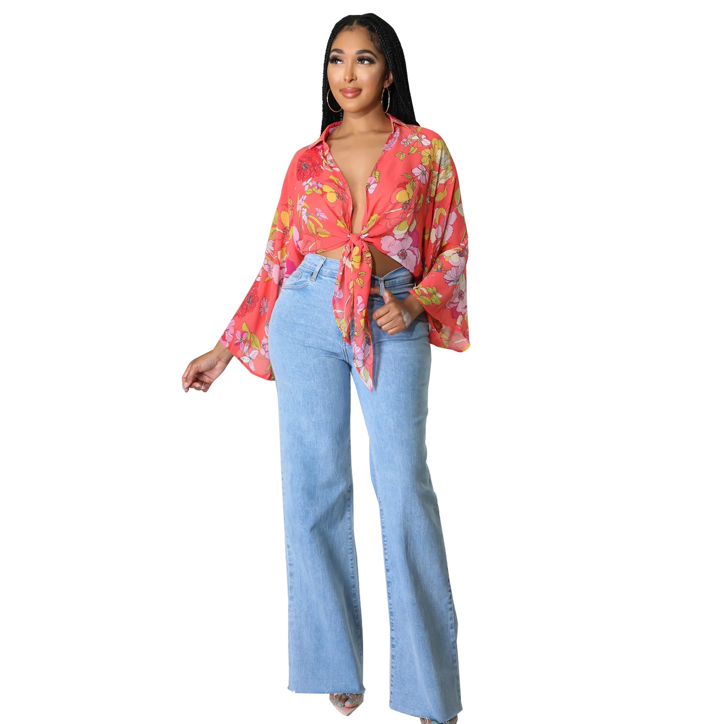 Women's Fashion Print Long Sleeve Flared Sleeve Crop Top