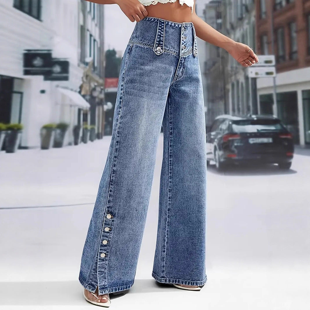 Women's High-Waisted Retro Button Denim Wide-Leg Pants