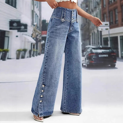 Women's High-Waisted Retro Button Denim Wide-Leg Pants