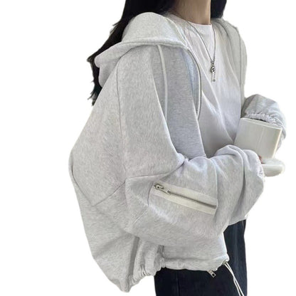 Women's Large Pocket Zipper Design Loose Casual Drawstring Hoodie Coat