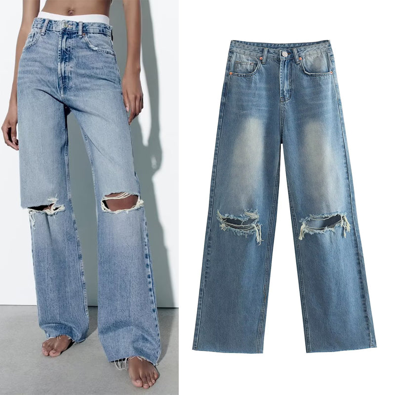 Spring And Summer Women's Perforated Hole Decoration High Waist Wide Leg Jeans