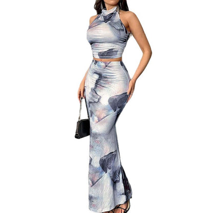 Printed Halterneck Backless Crop Top High-waisted Fitted Long Skirt Two-piece Set