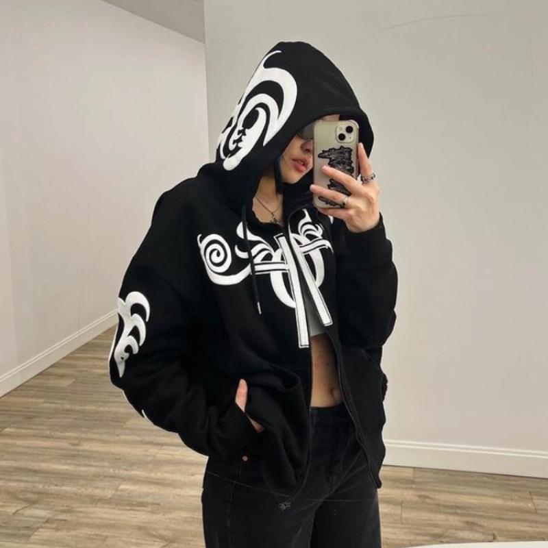 Letter Pattern Printed Hoodie Long Zipper Sweater Coat