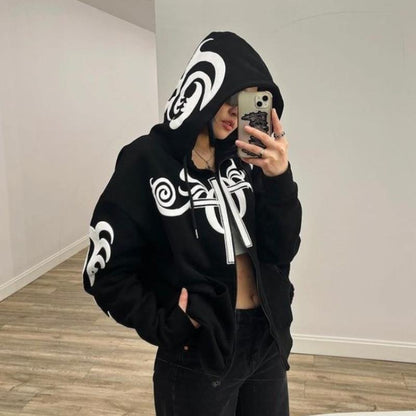 Letter Pattern Printed Hoodie Long Zipper Sweater Coat