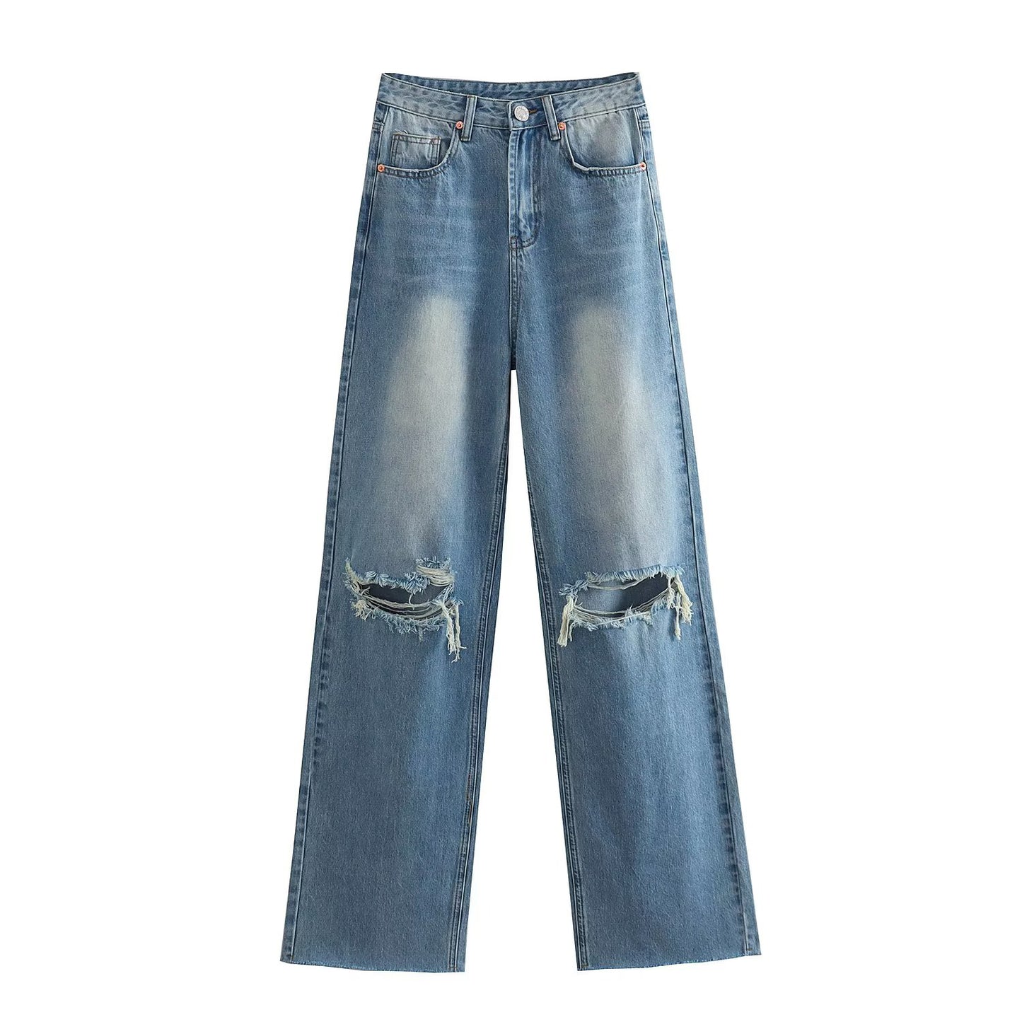 Spring And Summer Women's Perforated Hole Decoration High Waist Wide Leg Jeans