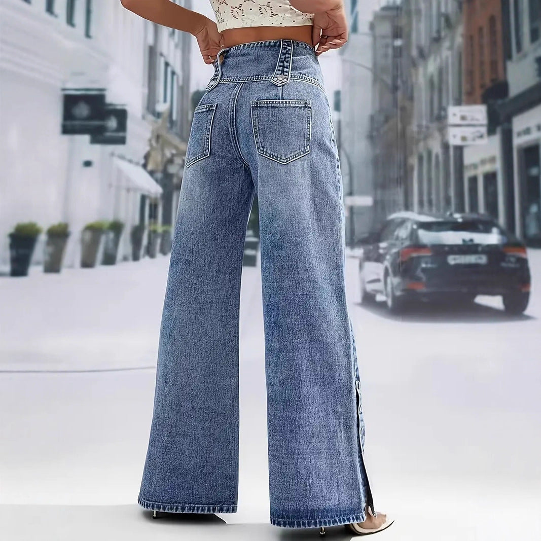 Women's High-Waisted Retro Button Denim Wide-Leg Pants