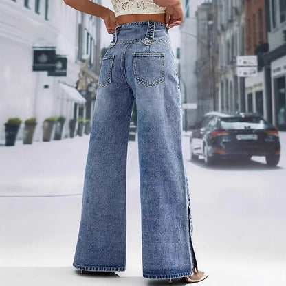 Women's High-Waisted Retro Button Denim Wide-Leg Pants