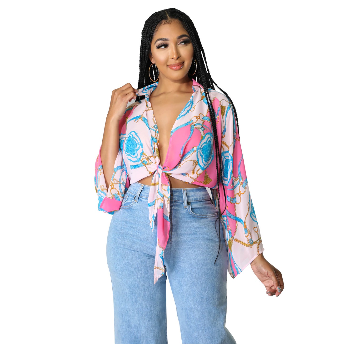 Women's Fashion Print Long Sleeve Flared Sleeve Crop Top