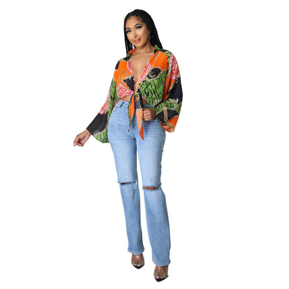 Women's Fashion Print Long Sleeve Flared Sleeve Crop Top