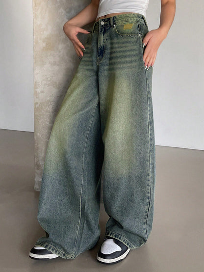 Water-washed Blue Wide-leg Extra-long Floor-length Jeans