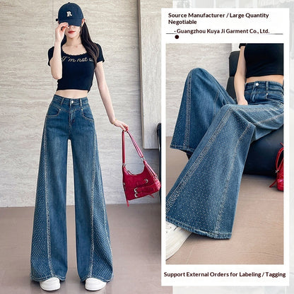 Hot-stone Embellished Wide-leg Flared Denim Jeans For Women Loose Fit In Washed Blue