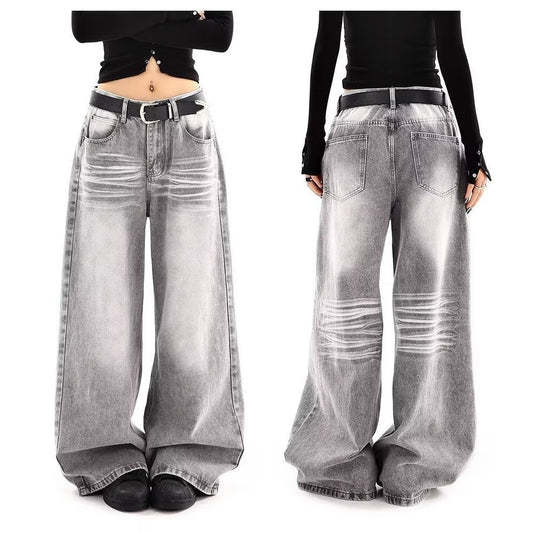 Embroidered High Waist Wide Leg Denim Jeans For Women Vintage Straight Leg Pants