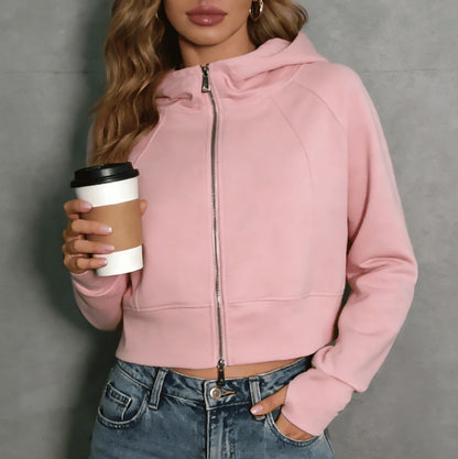 Retro Double Zip Hooded Fleece Lined Sweatshirt Short Cardigan Jacket