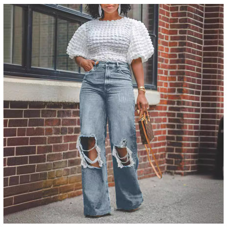 Womens Distressed Ripped Straight-Leg Washed Denim Jeans