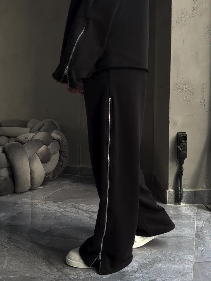Black Side Zip Detail Oversized Sweatshirt & Wide-Leg Pants Set