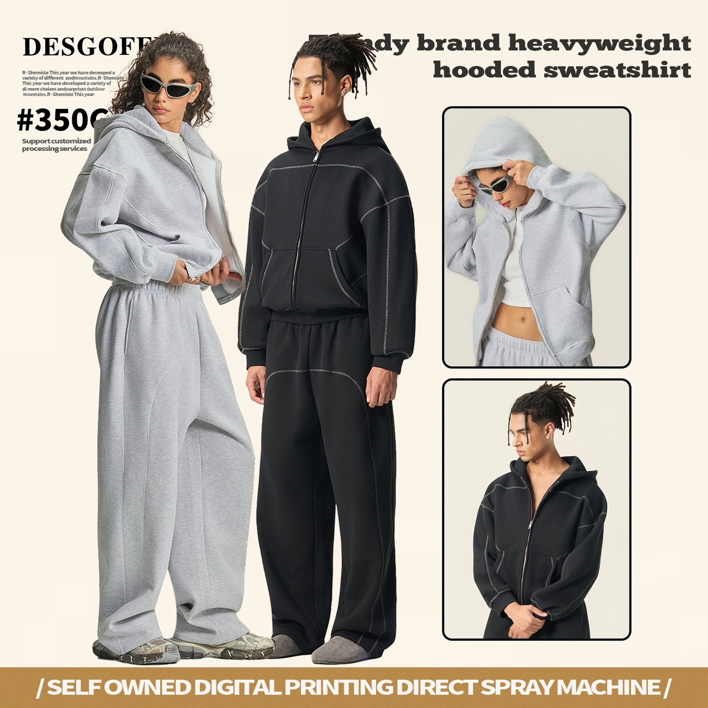 Mens American-style Hip-hop Fleece Zip-up Jacket