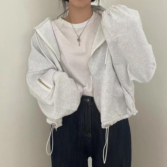 Women's Large Pocket Zipper Design Loose Casual Drawstring Hoodie Coat